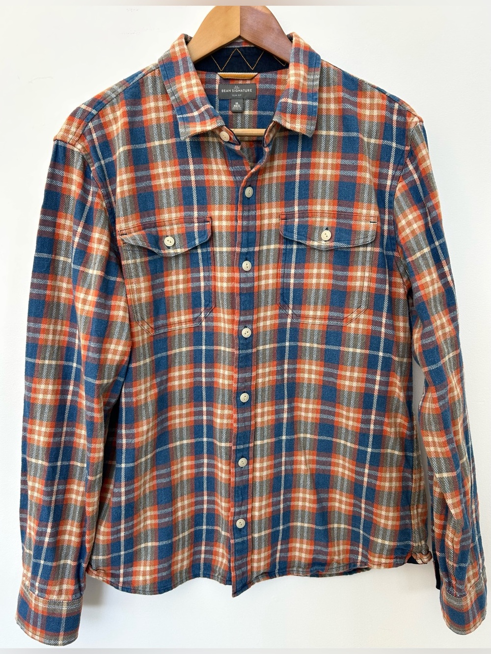 L.L.Bean Signature Slim Fit Plaid Flannel Shirt Mens M Blue Orange Cotton